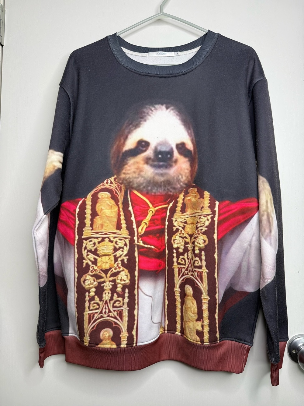 Shelfies Graphic Pope Sloth Print Sweatshirt in Black, Red and Brown Medium